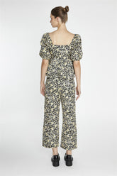 Black-Yellow Brocade Square-Neck Peplum-Top